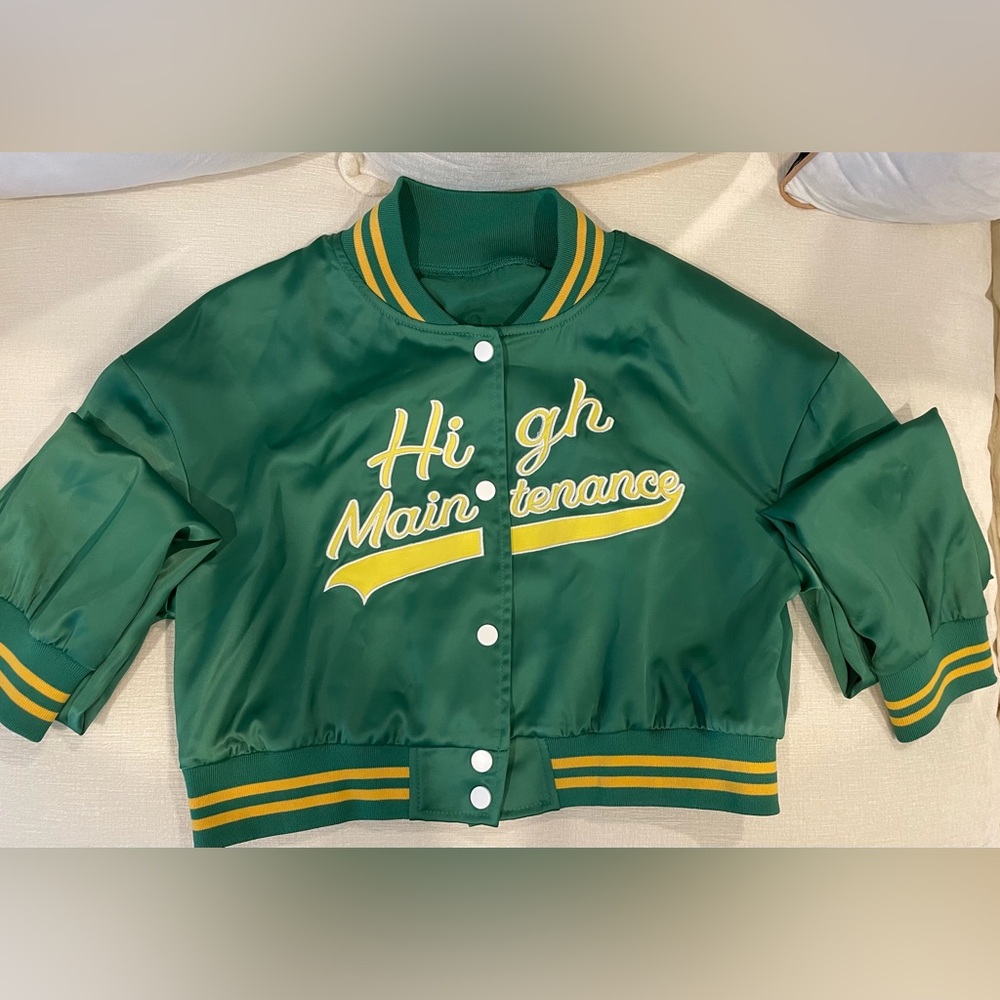 Green Crop Varsity Jacket with Yellow Accents